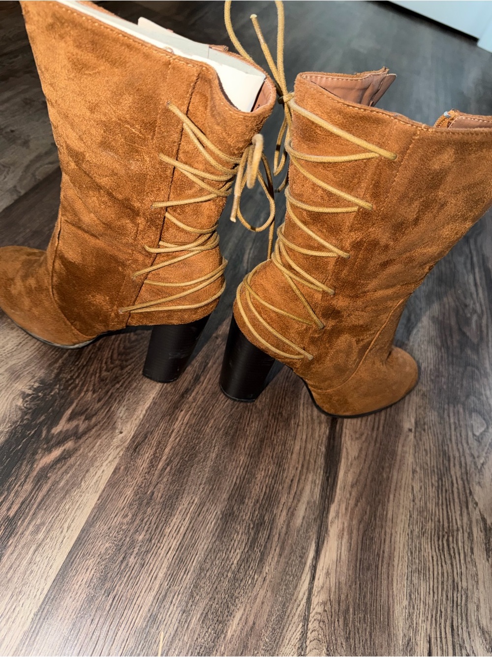 Women's Camel Tan Suede Lace-Up High Heel Boots